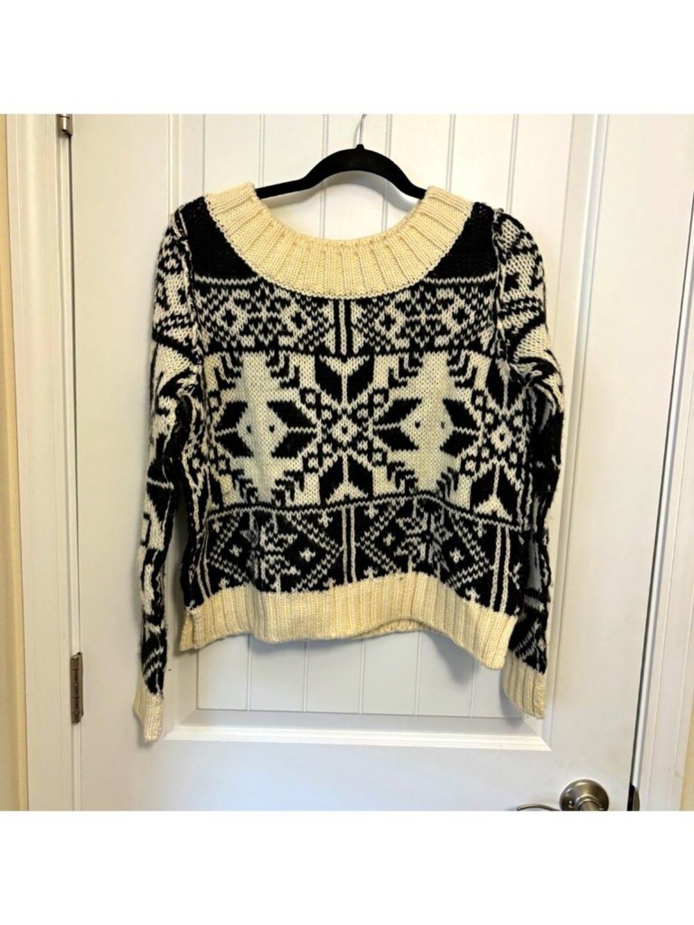 Free People Fair Isle Knit Sweater Crew Neck Ribbed Black Ivory XS PTP23”